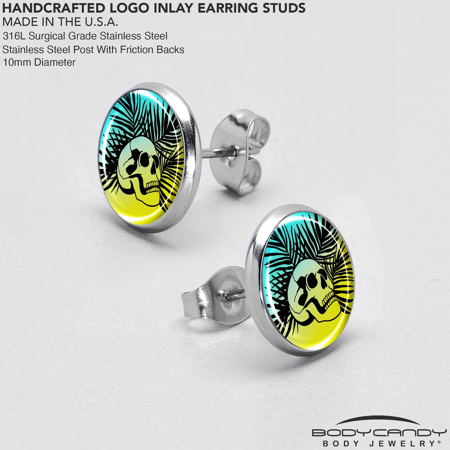Blue Haze Sunset Skull and Palms Stud Earrings by Onyx O