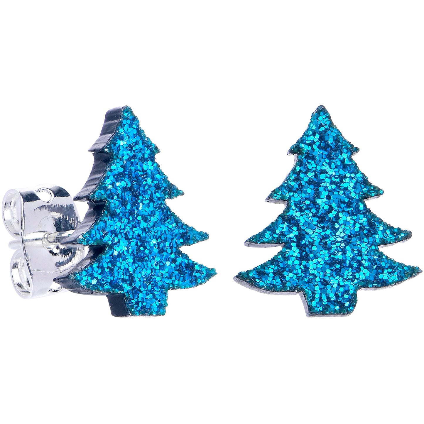 Aqua Blue Glitter Christmas Tree Stud Earrings by Onyx O