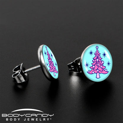 Pastel Christmas Tree Holiday Stud Earrings by Onyx O