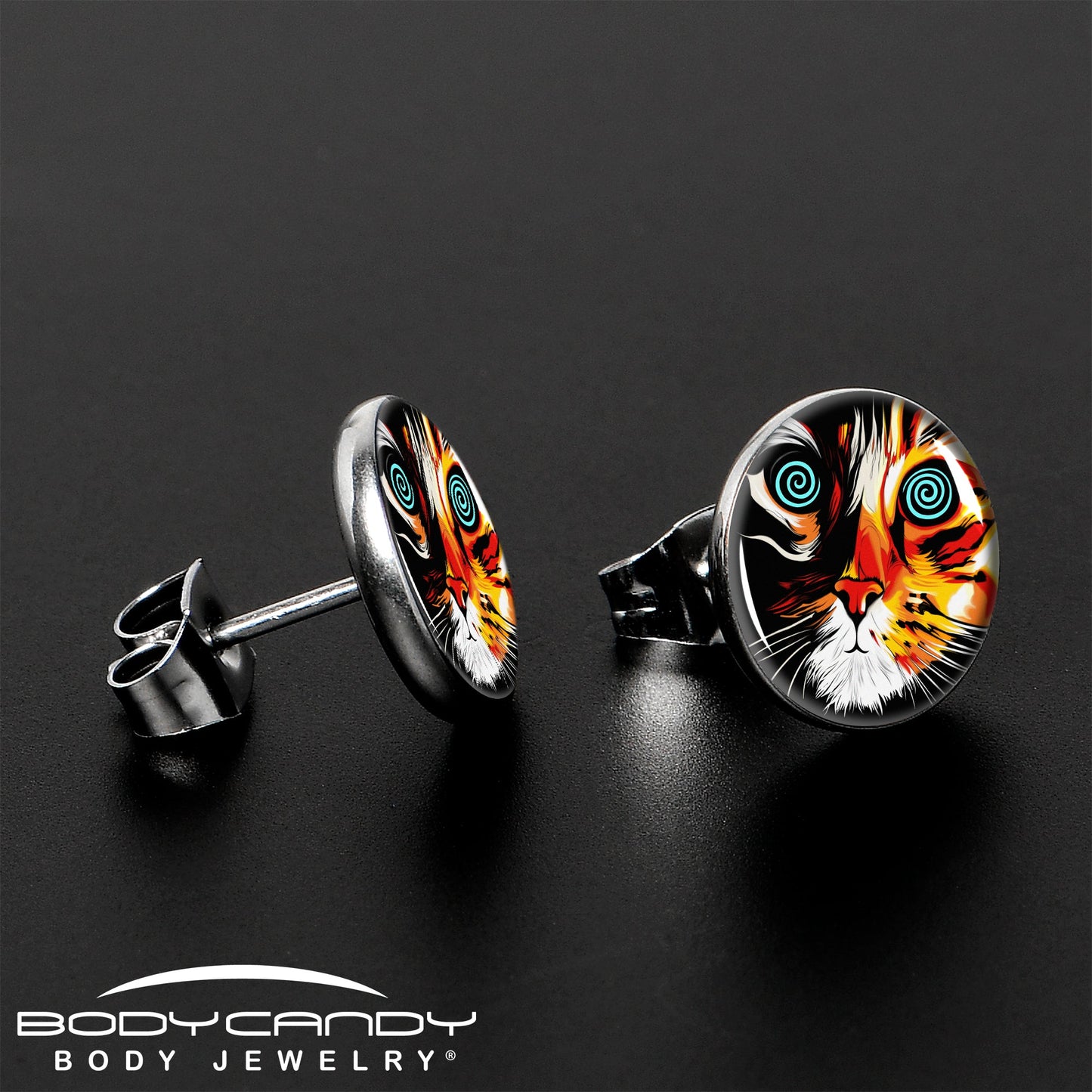 Colorful Trippy Cat Stud Earrings by Onyx O