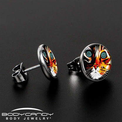 Colorful Trippy Cat Stud Earrings by Onyx O