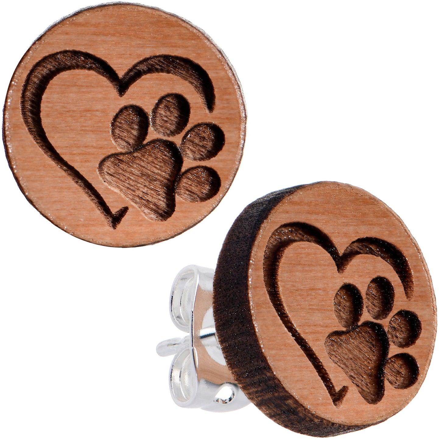 Natural Maple Wood Heart Paw Print Stud Earrings