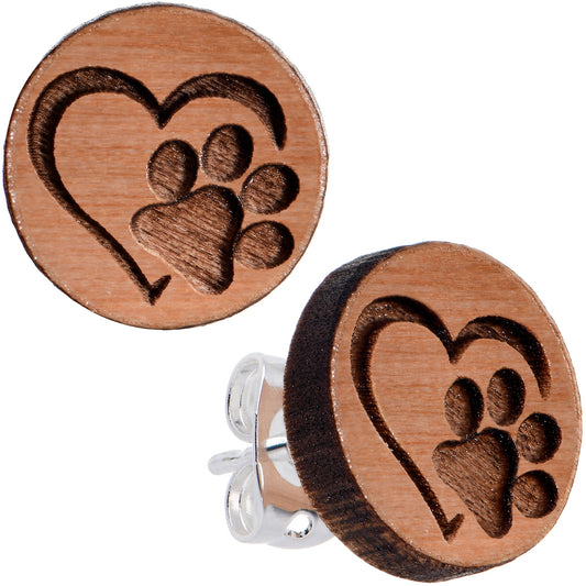 Natural Maple Wood Heart Paw Print Stud Earrings
