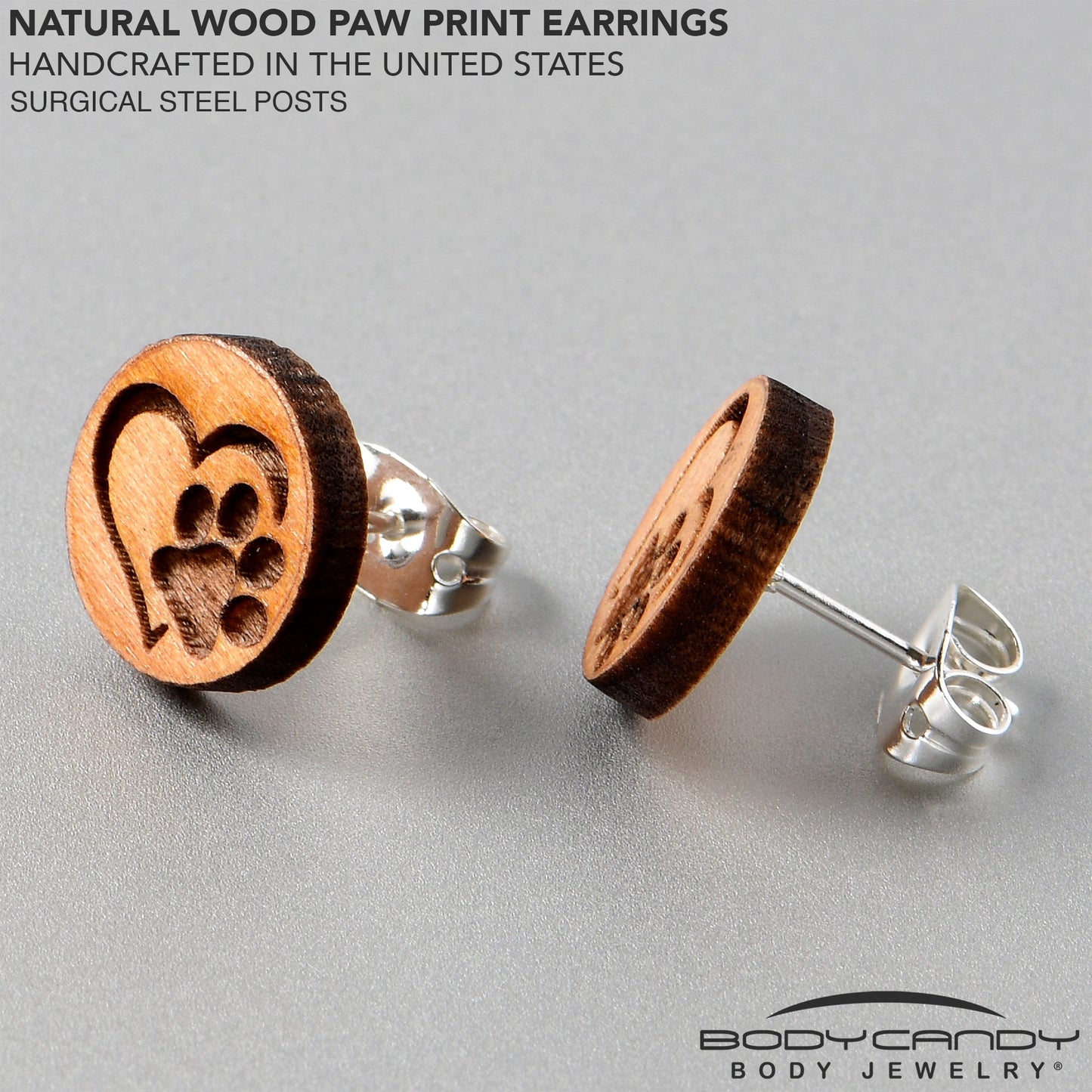 Natural Maple Wood Heart Paw Print Stud Earrings