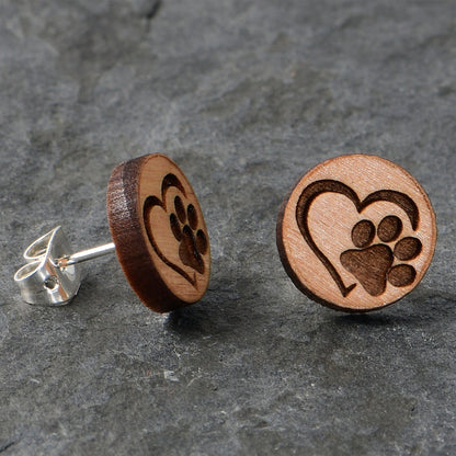 Natural Maple Wood Heart Paw Print Stud Earrings