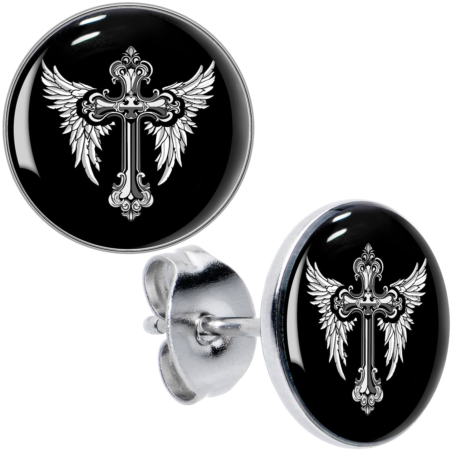 Black White Winged Cross Stud Earrings by Onyx O