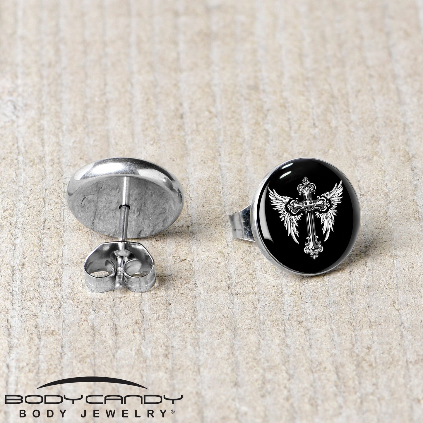 Black White Winged Cross Stud Earrings by Onyx O