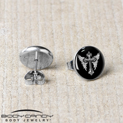 Black White Winged Cross Stud Earrings by Onyx O