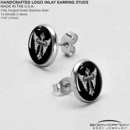 Black White Winged Cross Stud Earrings by Onyx O