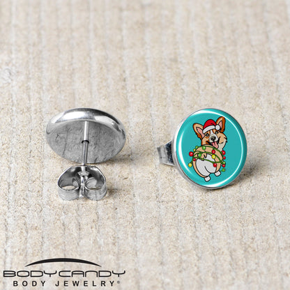 Christmas Holiday Lights Corgi Dog Stud Earrings by Onyx O