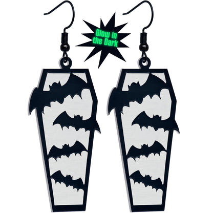Black Bat Coffin Glow in the Dark Dangle Earrings by Onyx O