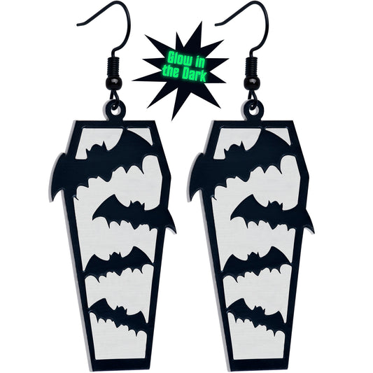 Black Bat Coffin Glow in the Dark Dangle Earrings by Onyx O