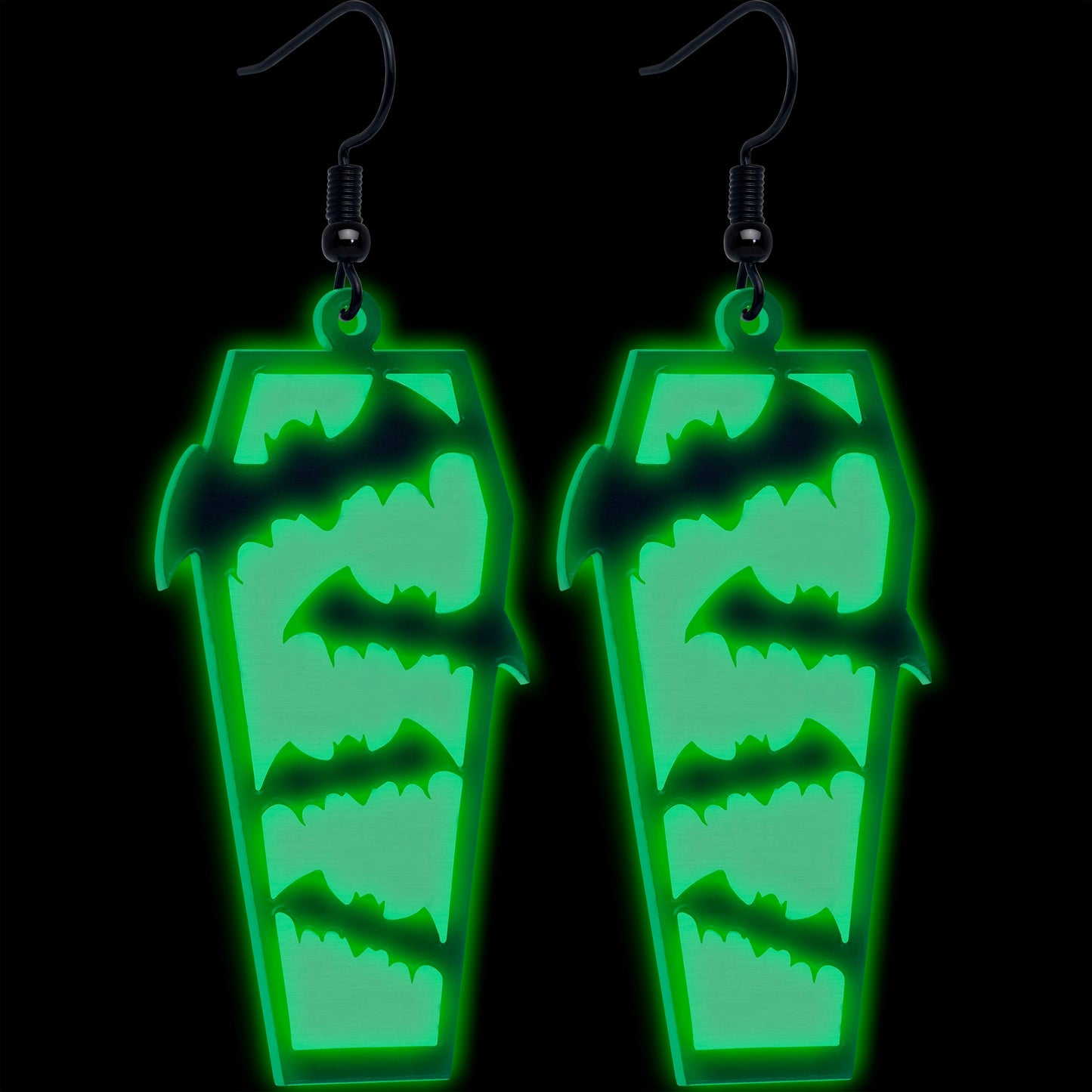 Black Bat Coffin Glow in the Dark Dangle Earrings by Onyx O