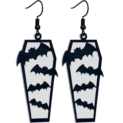 Black Bat Coffin Glow in the Dark Dangle Earrings by Onyx O