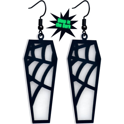 Black Spider Web Coffin Glow in the Dark Dangle Earrings by Onyx O