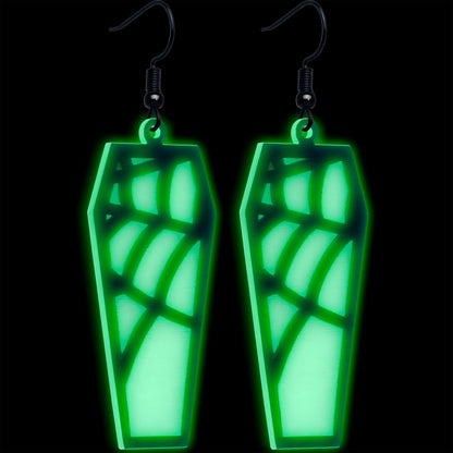 Black Spider Web Coffin Glow in the Dark Dangle Earrings by Onyx O