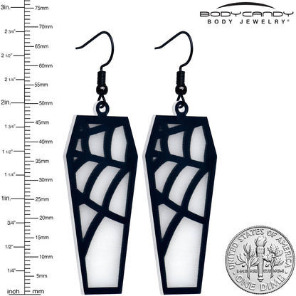 Black Spider Web Coffin Glow in the Dark Dangle Earrings by Onyx O