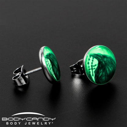 Raven and Cross Glow in the Dark Stud Earrings