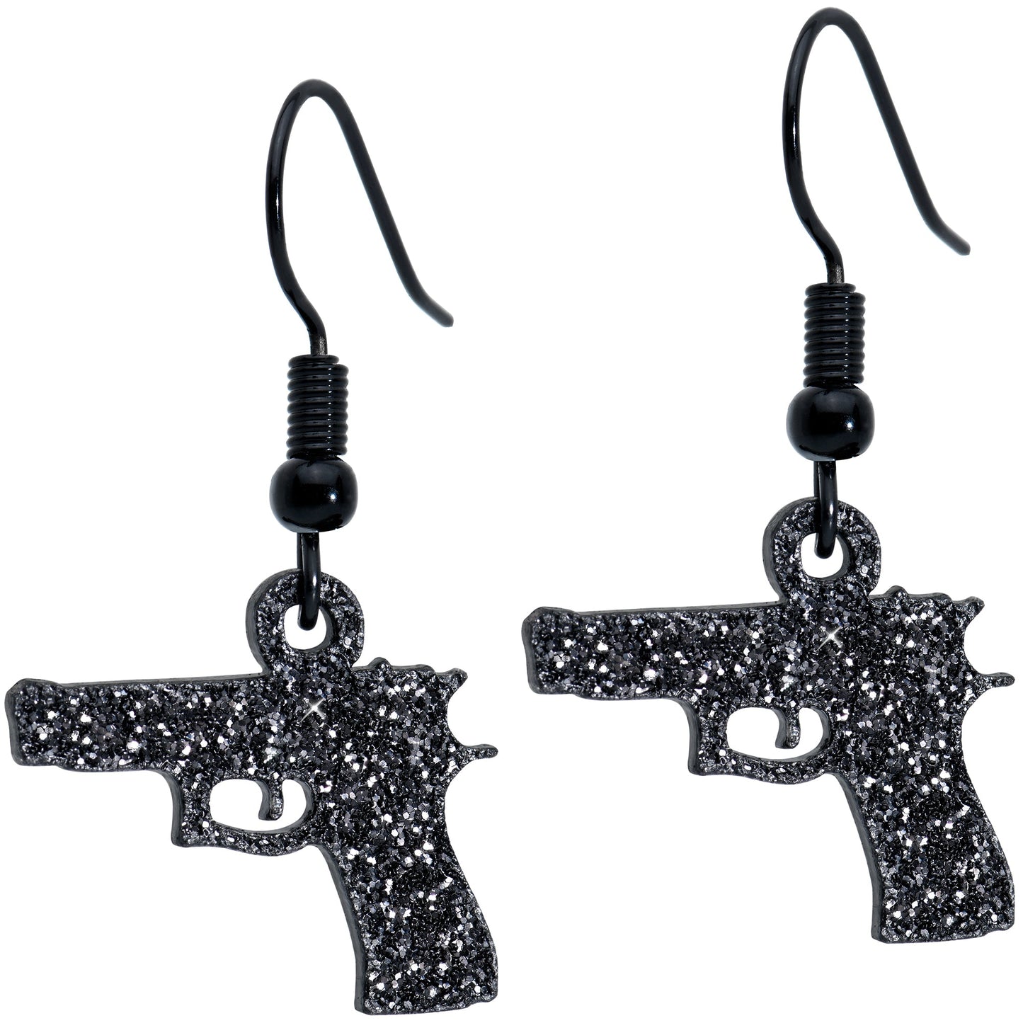 Black Glitter Gun Fishhook Dangle Earrings