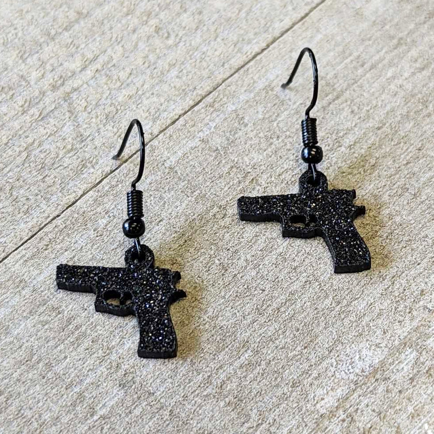 Black Glitter Gun Fishhook Dangle Earrings