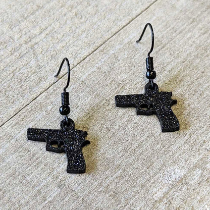 Black Glitter Gun Fishhook Dangle Earrings