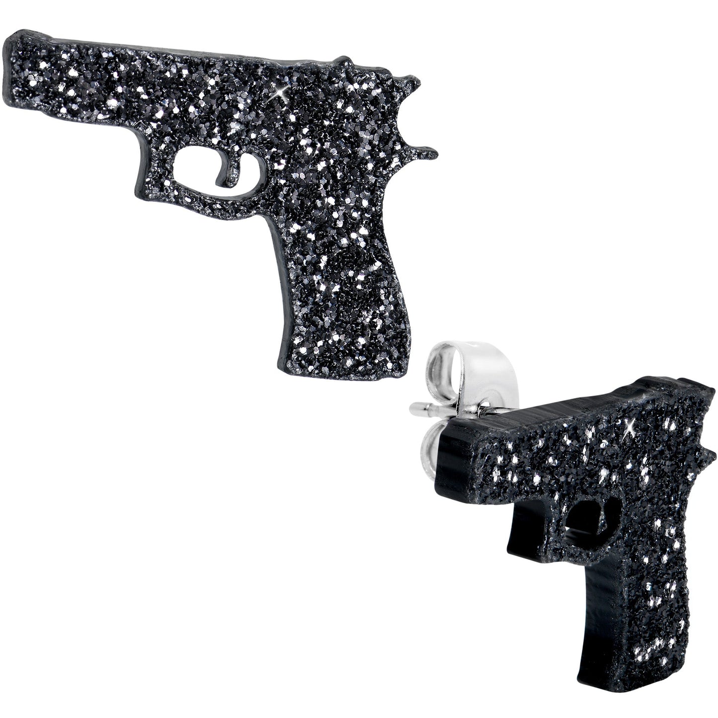 Black Glitter Gun Stud Earrings Set