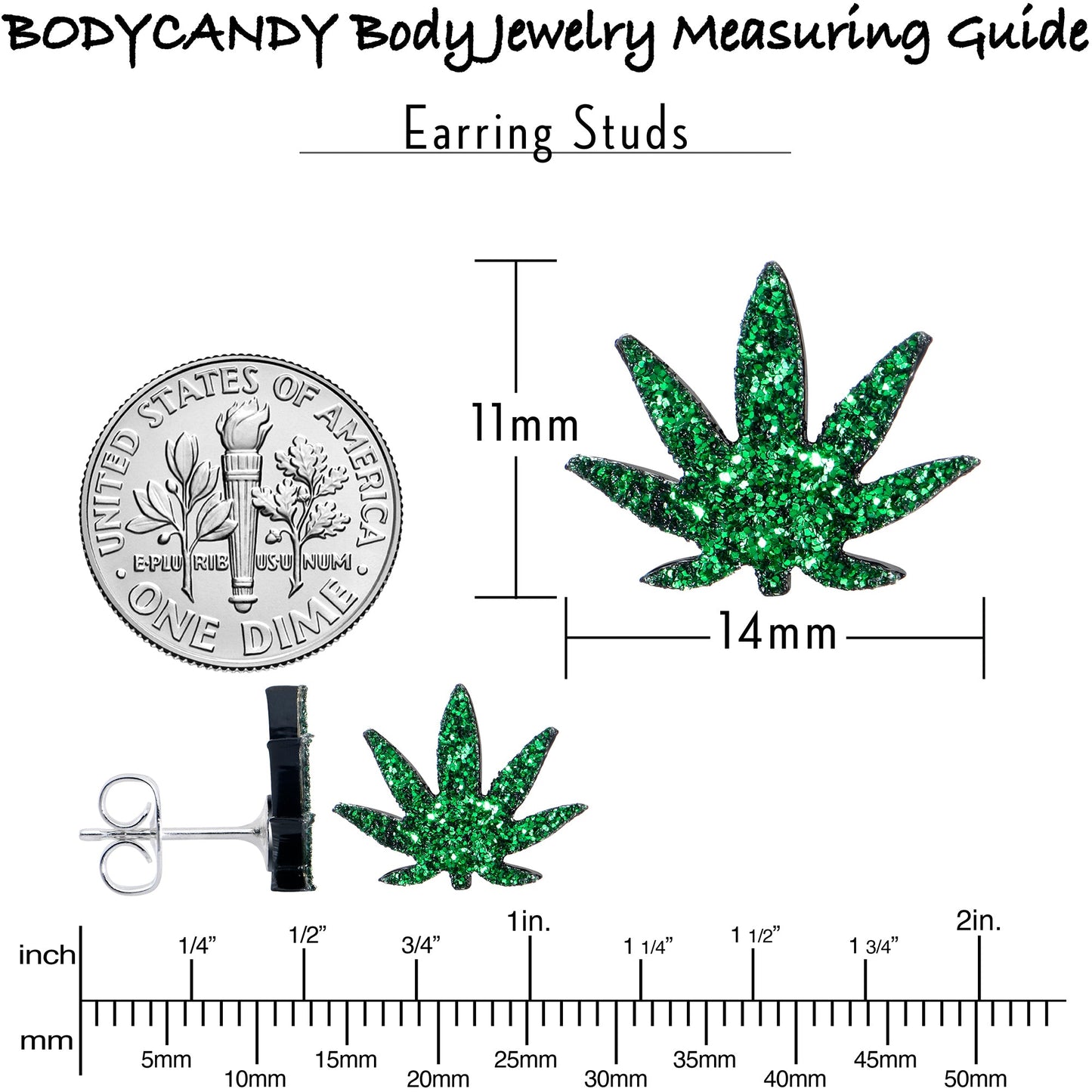 Green Glitter Marijuana Pot Leaf Stud Earrings