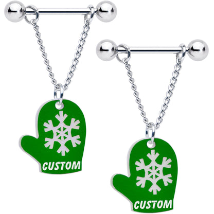 Custom Holiday Mittens Personalized Dangle Barbell Nipple Ring Set