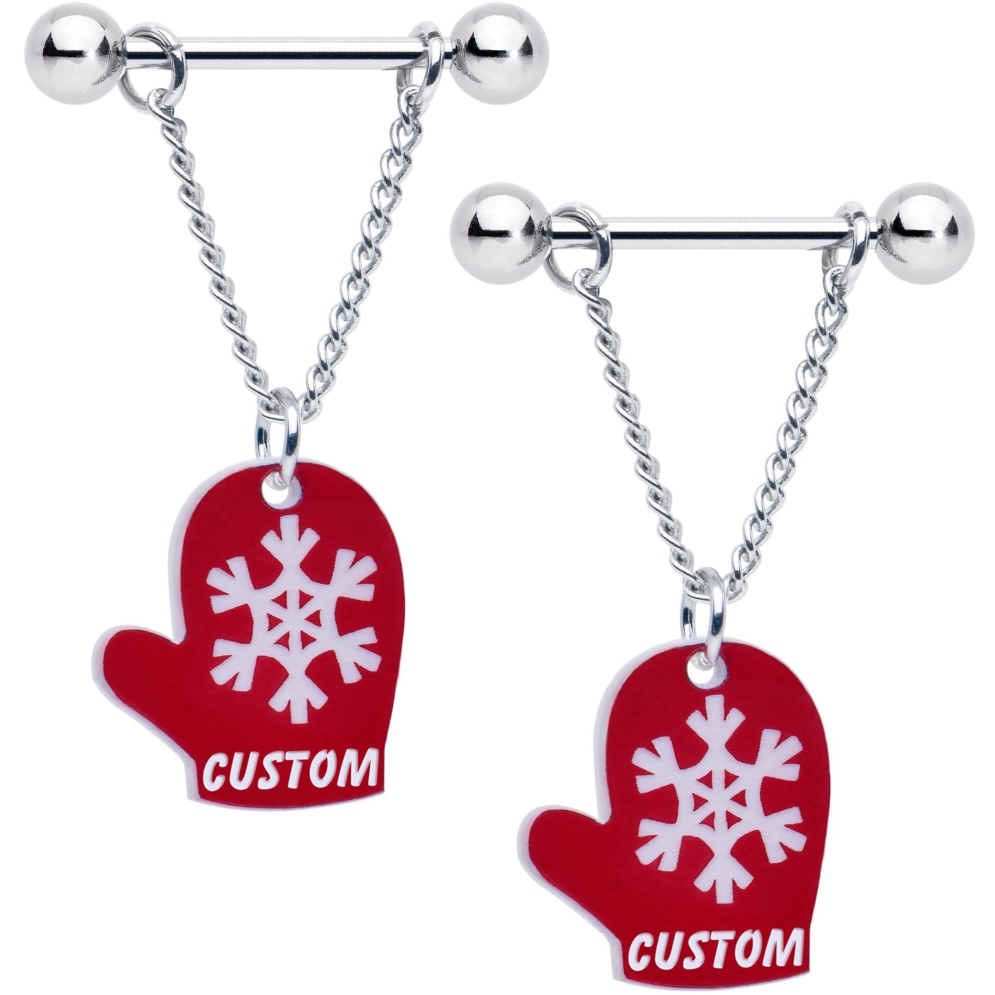 Custom Holiday Mittens Personalized Dangle Barbell Nipple Ring Set