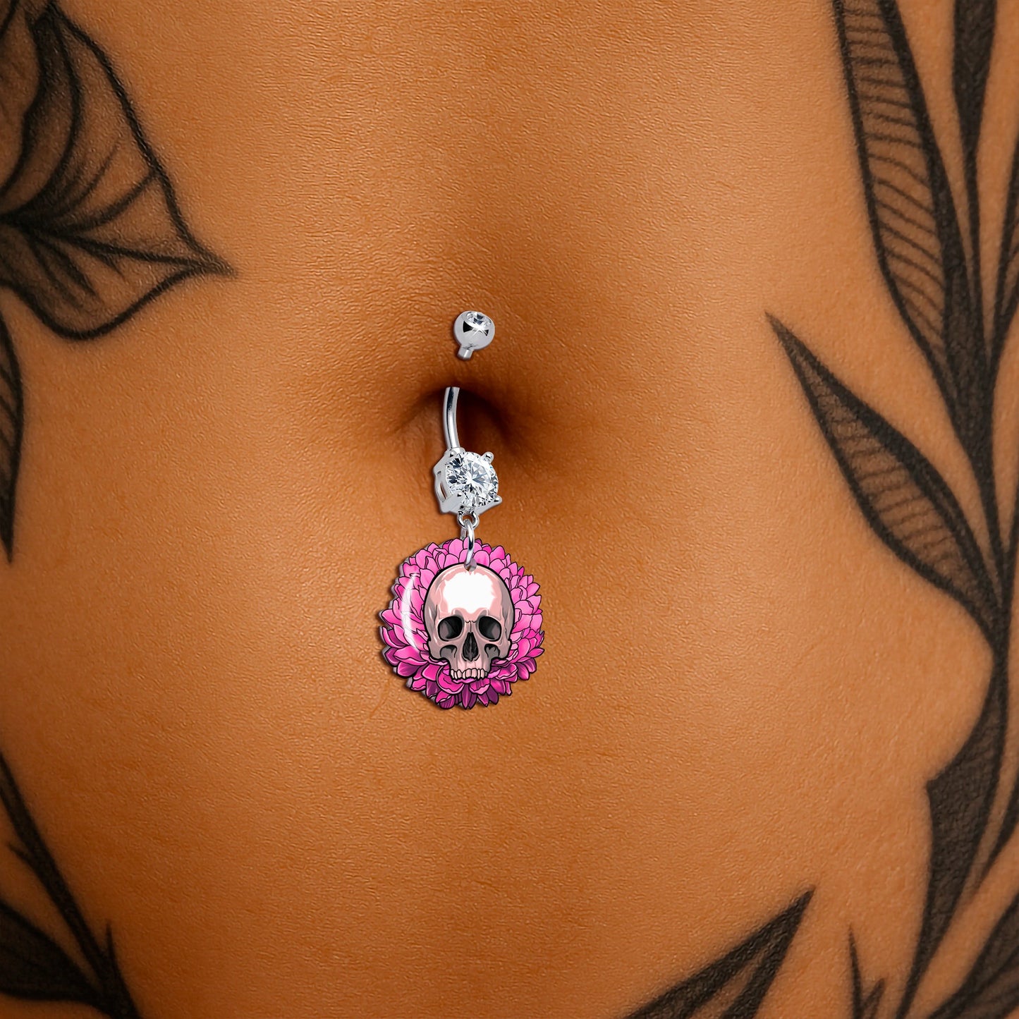 Clear Gem Blooming Pink Flower Skull Dangle Belly Ring by Onyx O