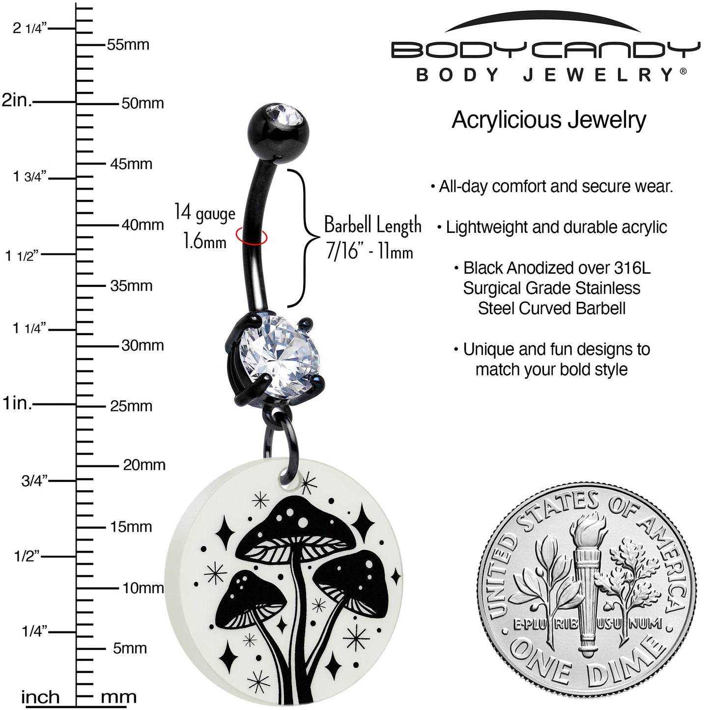 Black Double Gem Glow in the Dark Mystic Mushroom Dangle Belly Ring by Onyx O