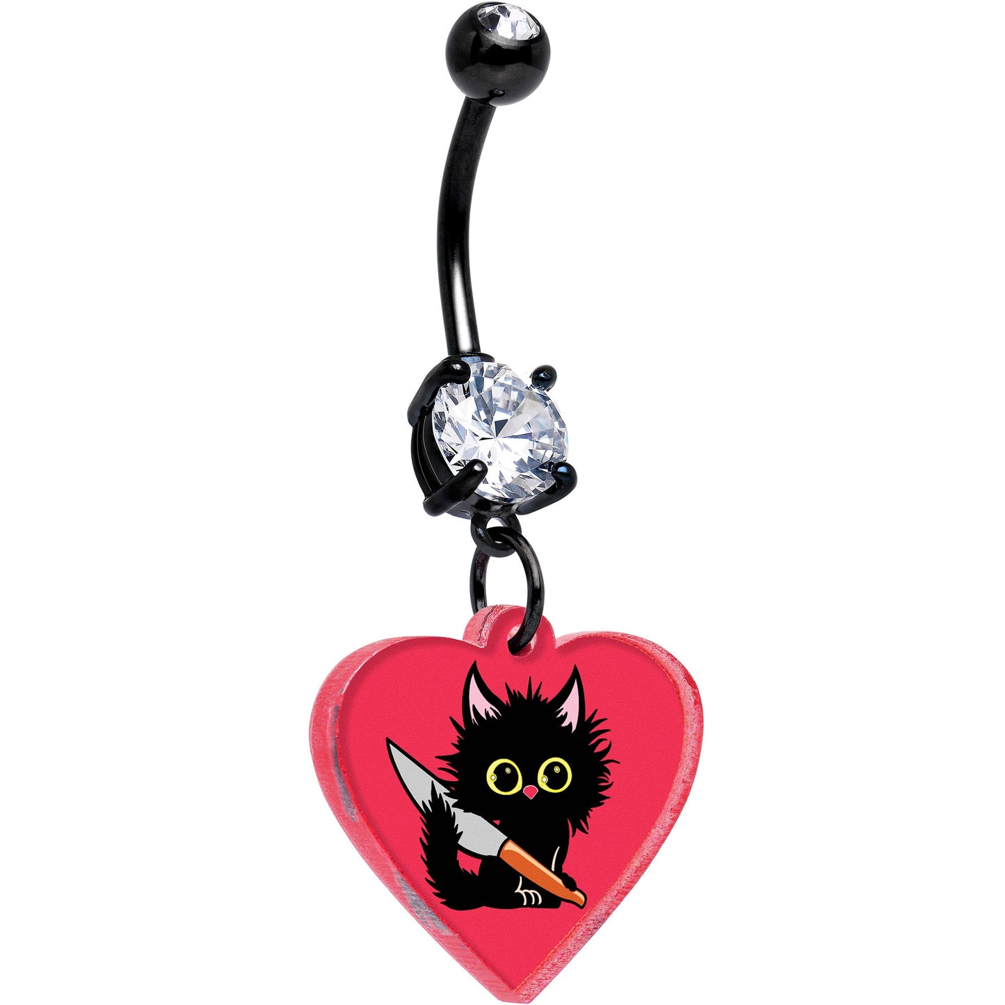 Black Double Gem Heart Staby Cat Dangle Belly Ring by Onyx O