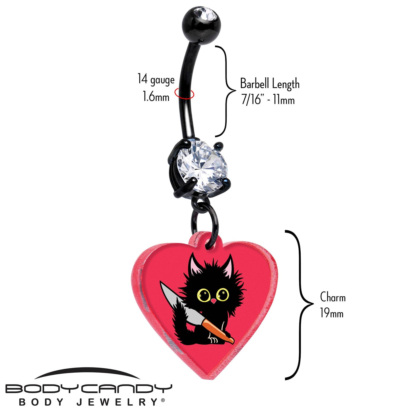 Black Double Gem Heart Staby Cat Dangle Belly Ring by Onyx O