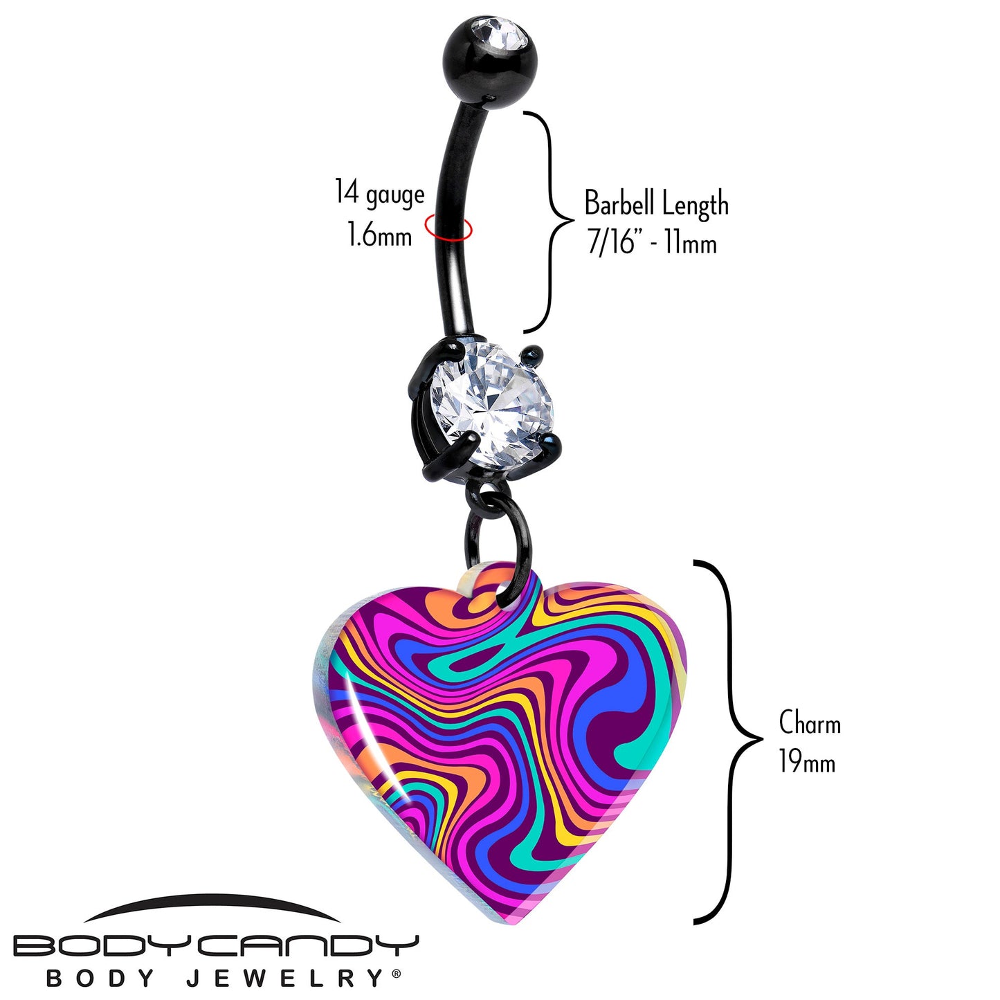Black Double Gem Swirling Heart Dangle Belly Ring by Onyx O