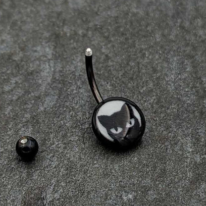 Black Glow in the Dark Peeking Black Cat Belly Ring by Onyx O