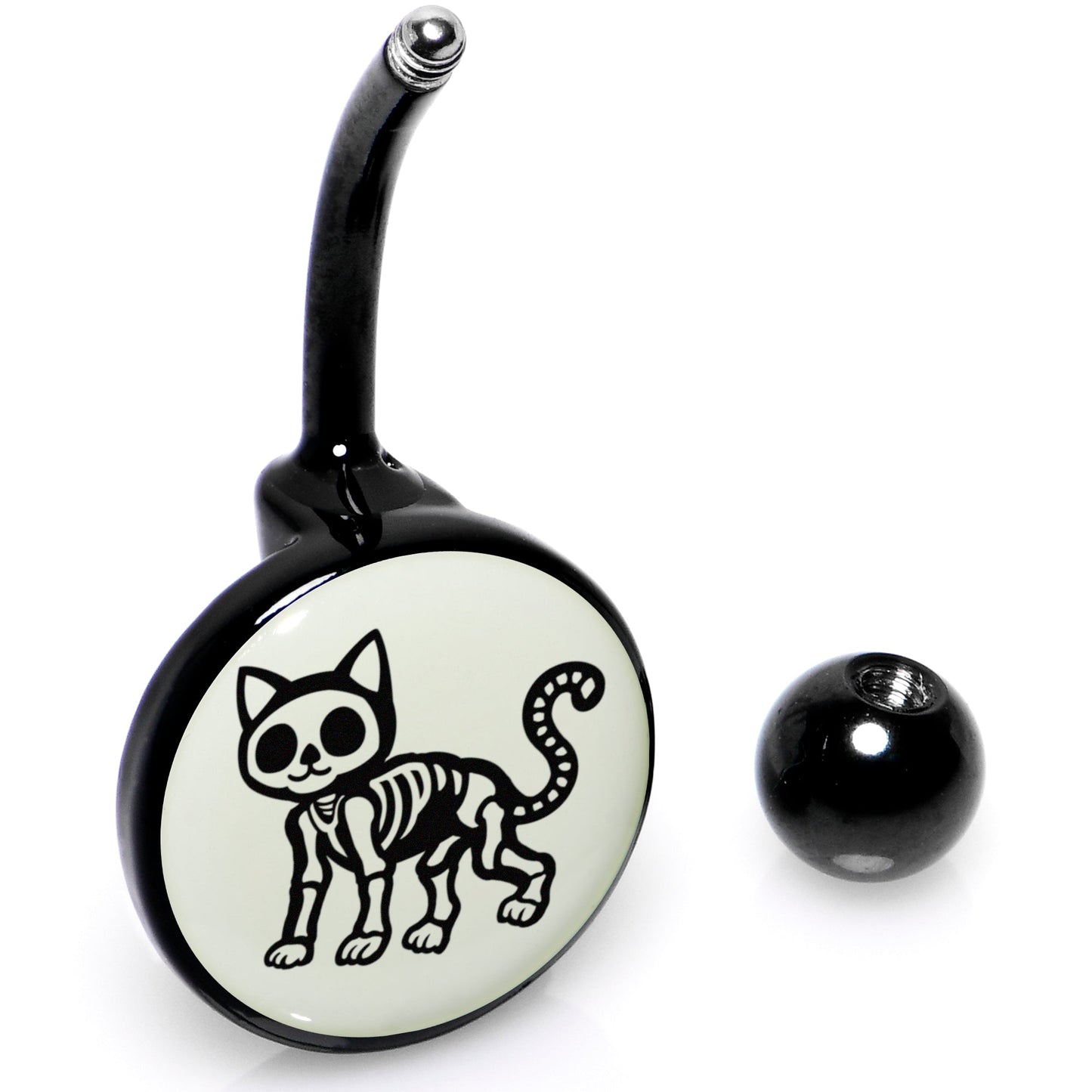 Black Anodized Glow in the Dark Skeleton Kitty Cat Belly Ring by Onyx O