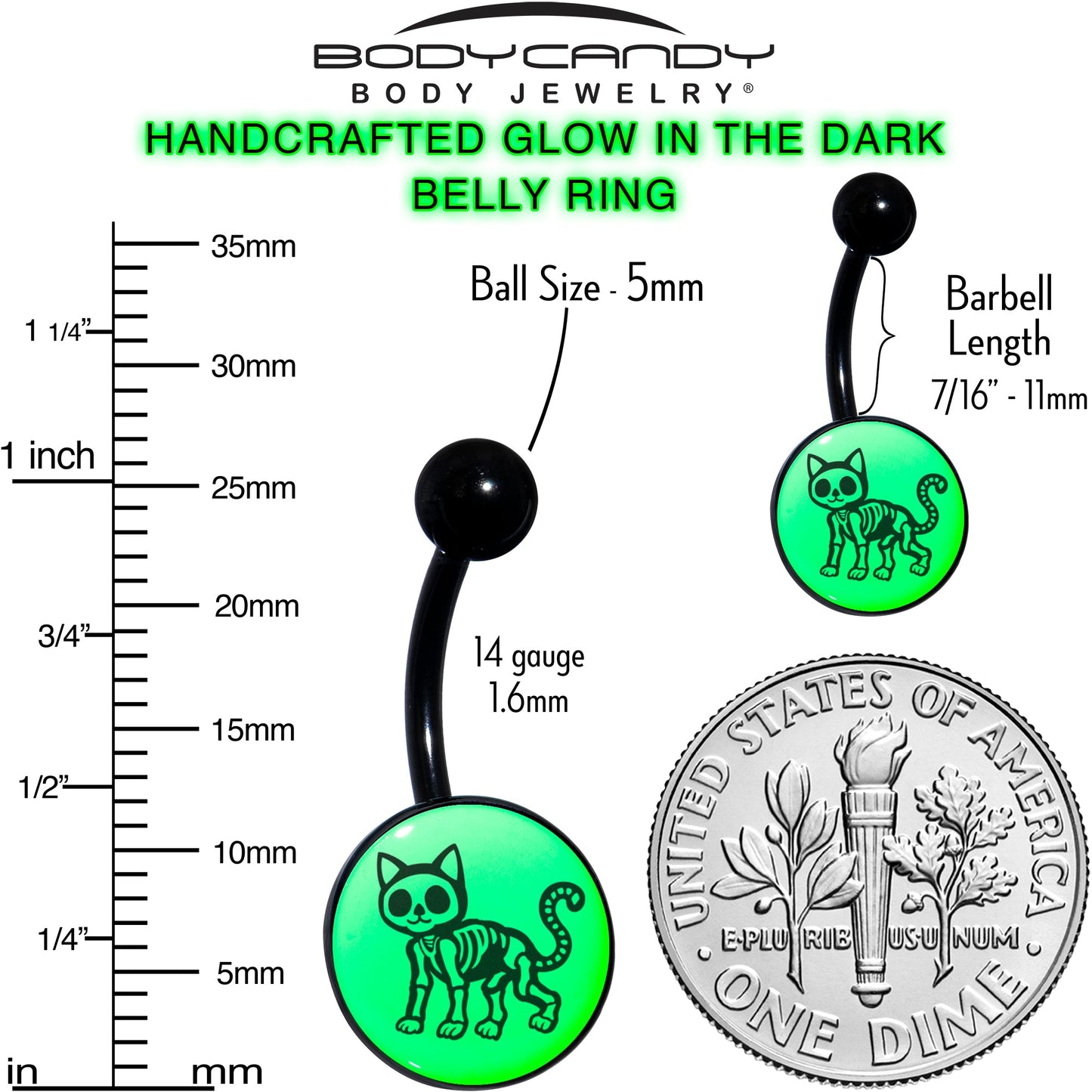 Black Anodized Glow in the Dark Skeleton Kitty Cat Belly Ring by Onyx O