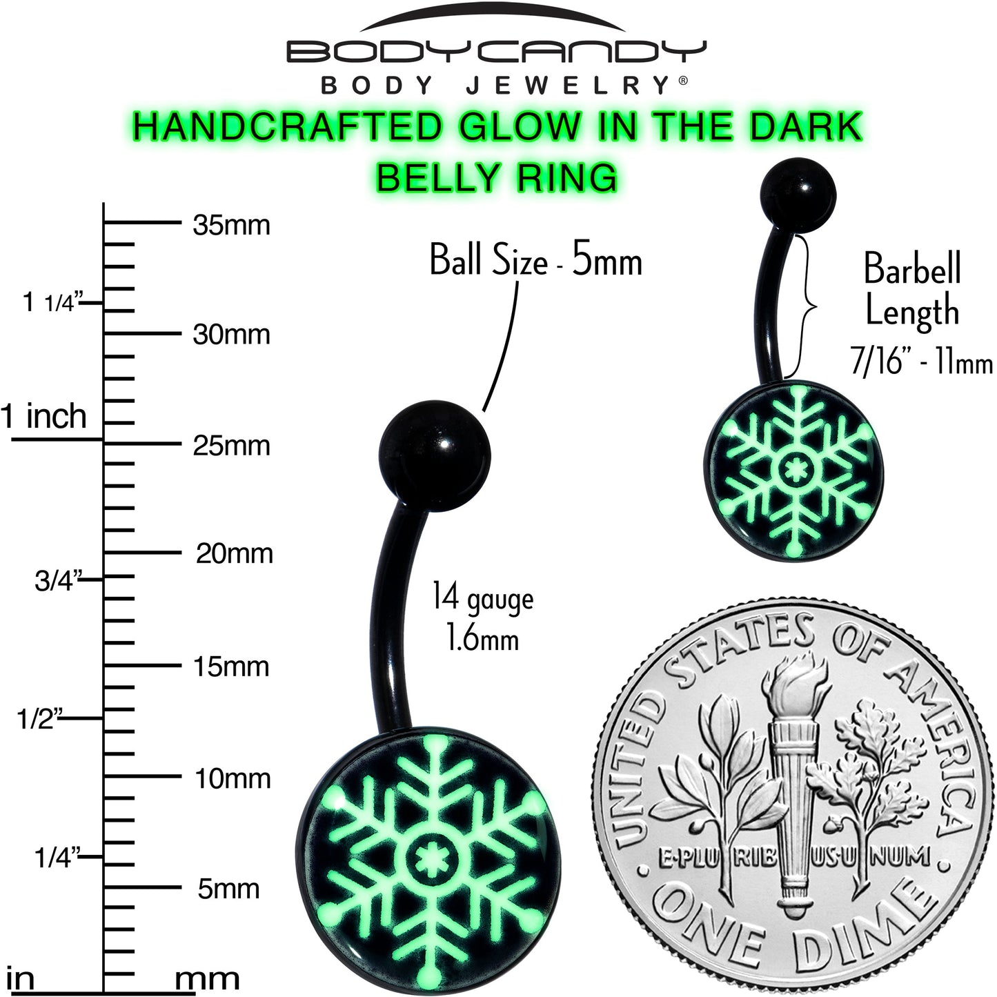 Black Glow in the Dark Holiday Snowflake Belly Ring by Onyx O