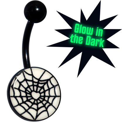 Black Glow in the Dark Heart Spider Web Belly Ring by Onyx O