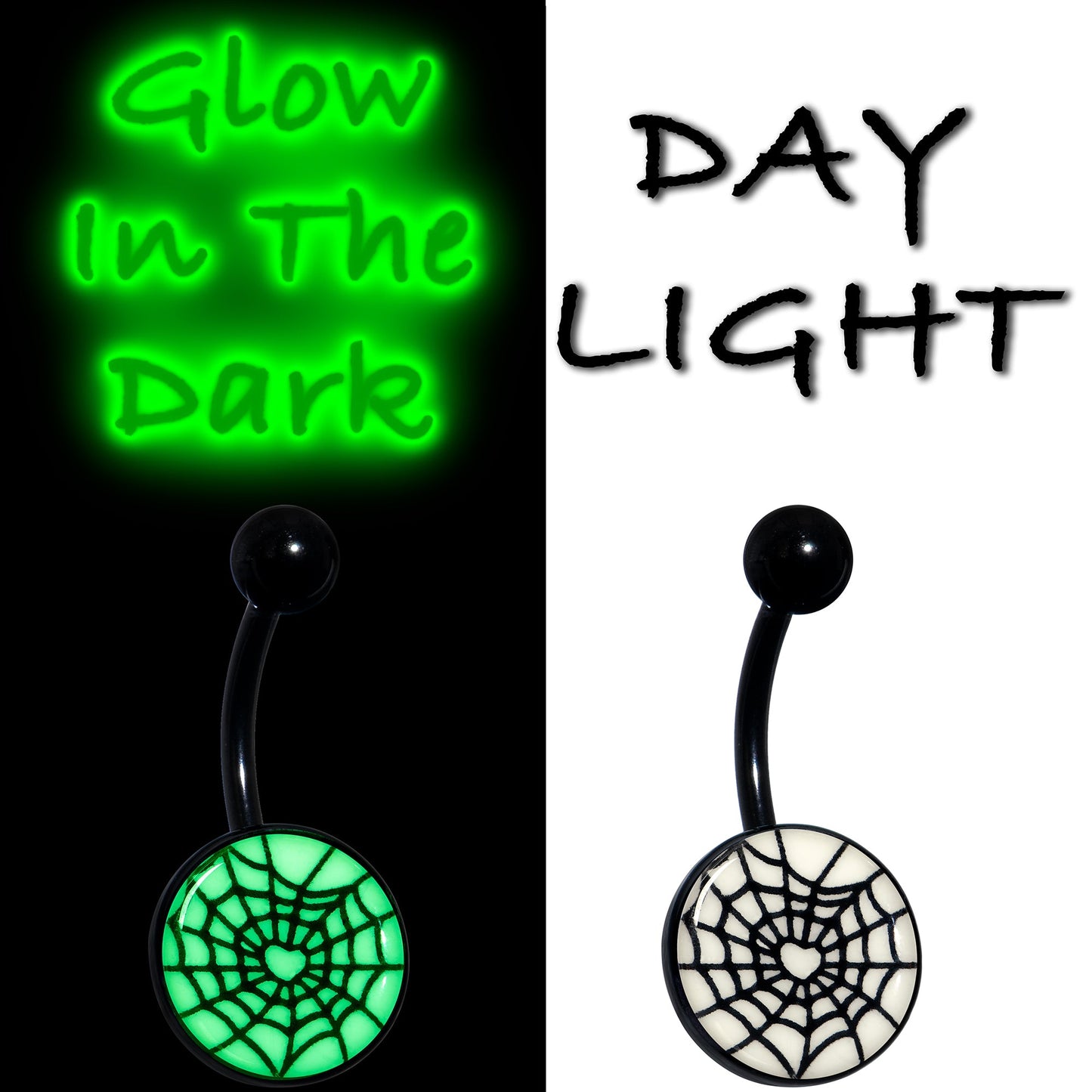 Black Glow in the Dark Heart Spider Web Belly Ring by Onyx O