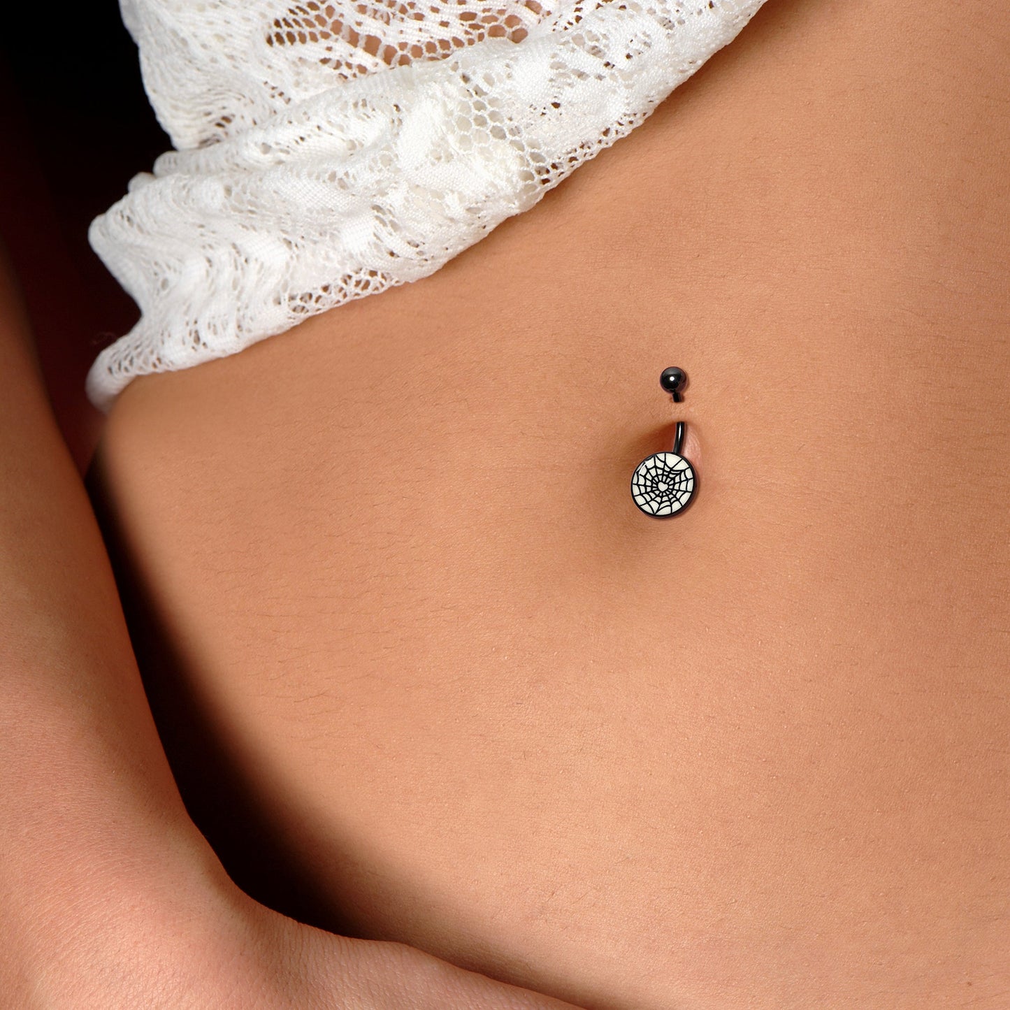 Black Glow in the Dark Heart Spider Web Belly Ring by Onyx O