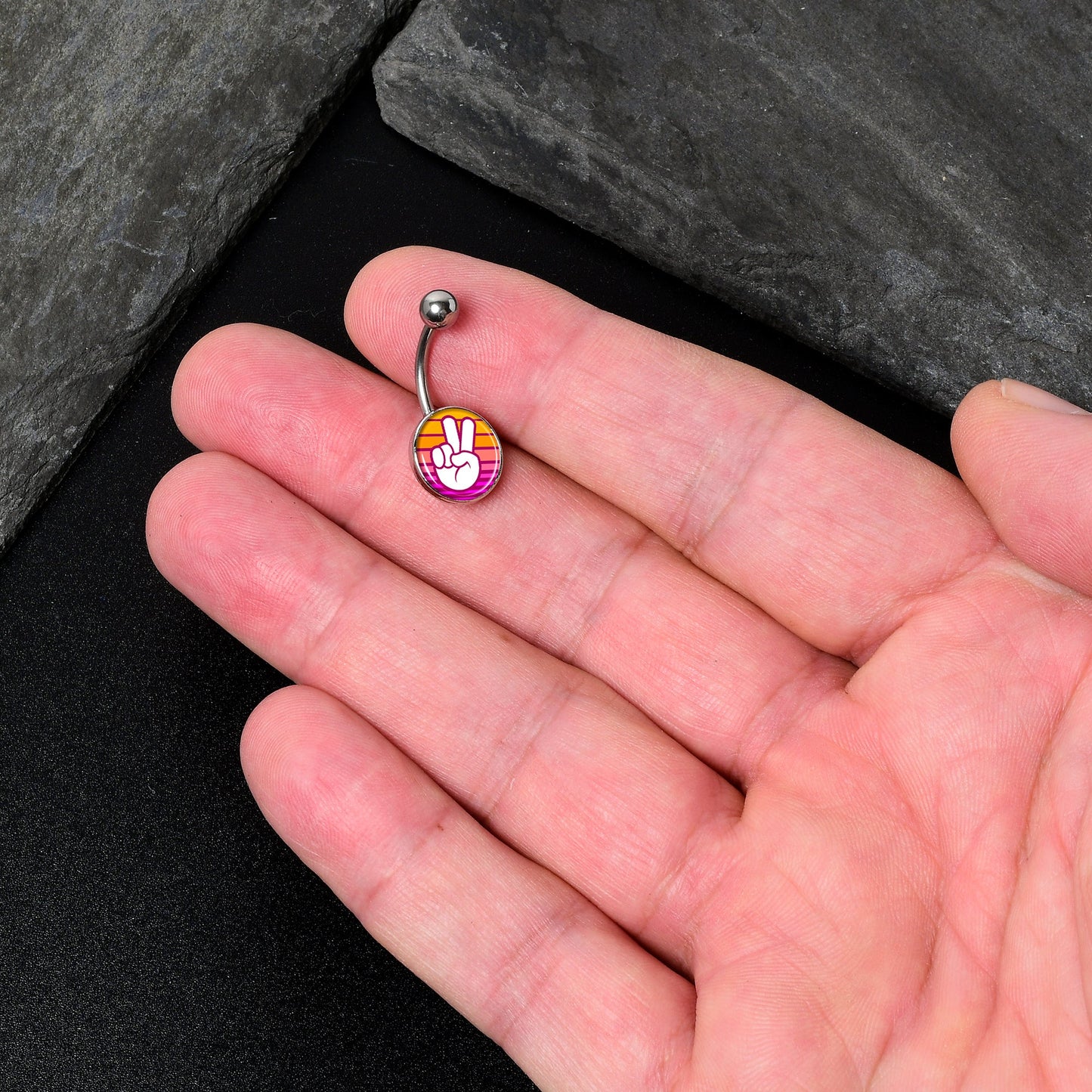Retro Stripes Peace Sign Fingers Belly Ring by Onyx O