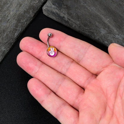 Retro Stripes Peace Sign Fingers Belly Ring by Onyx O