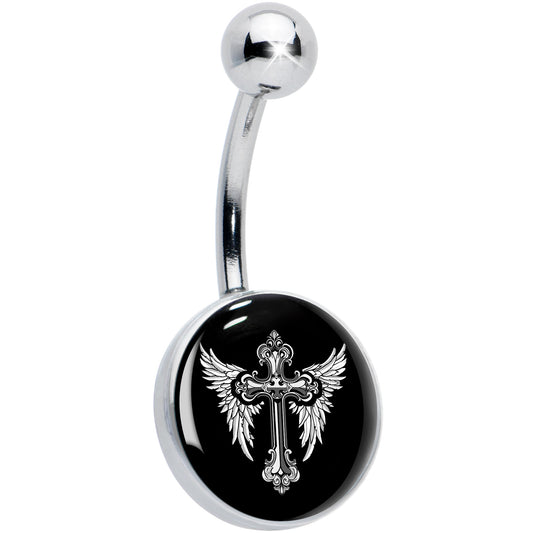 Black White Winged Cross Belly Ring by Onyx O