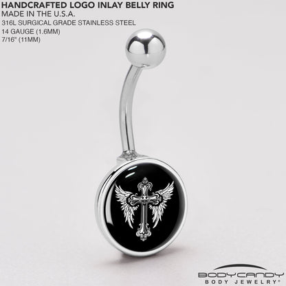 Black White Winged Cross Belly Ring by Onyx O