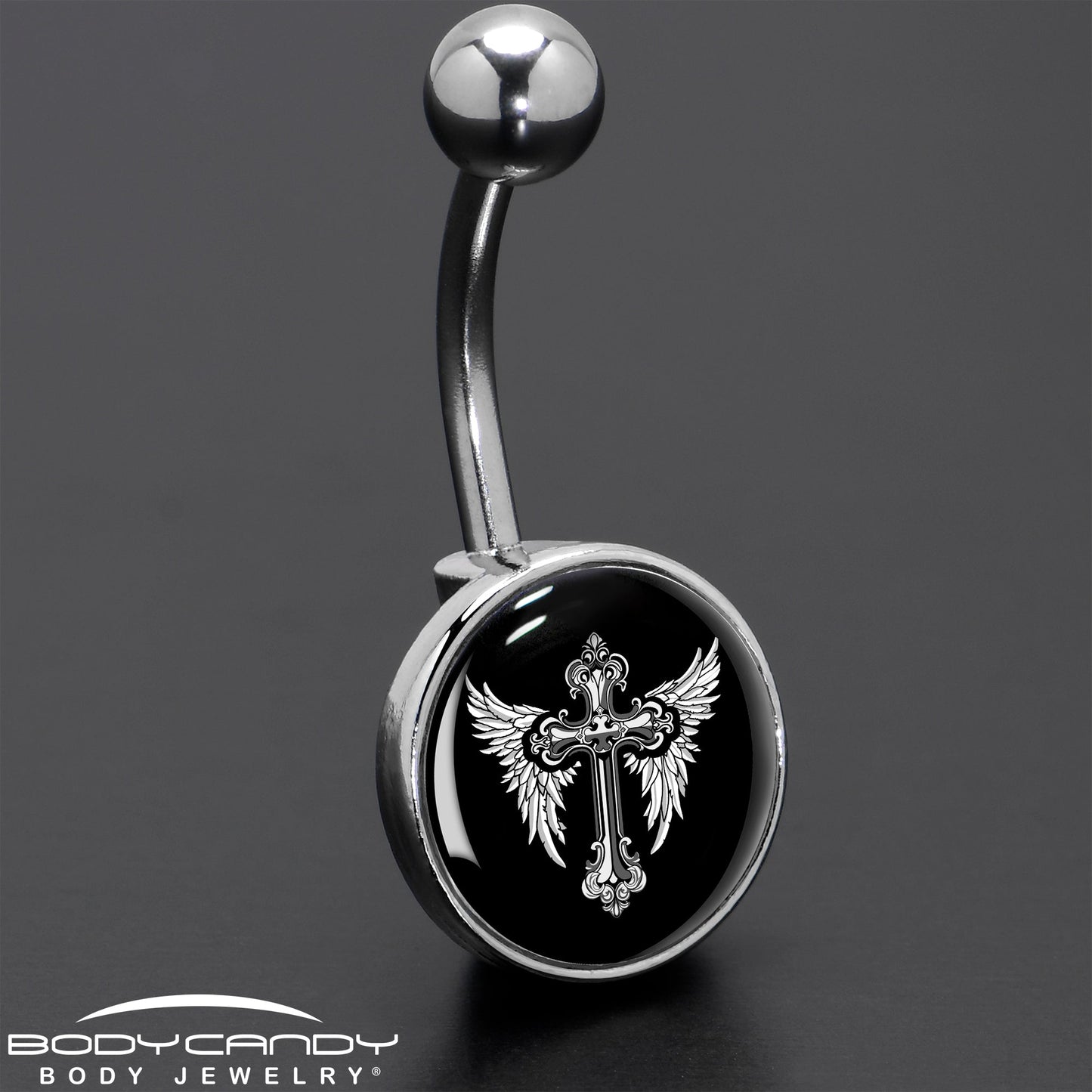 Black White Winged Cross Belly Ring by Onyx O