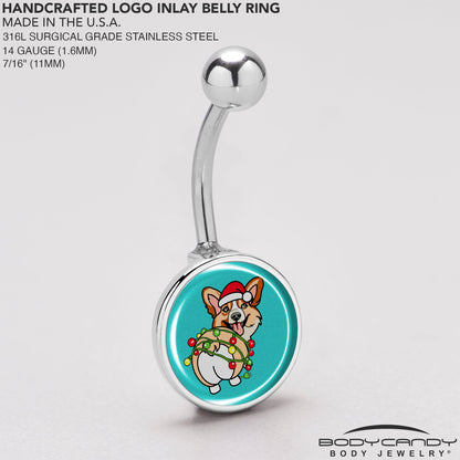 Christmas Holiday Lights Corgi Dog Belly Ring by Onyx O