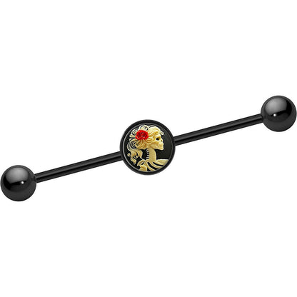 14G Black Anodized Red Rose Flower Skeleton Cameo Industrial Bar 37mm