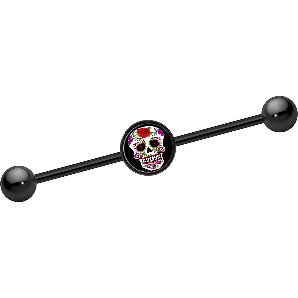 14G Black Anodized Sugar Skull Industrial Barbell 37mm