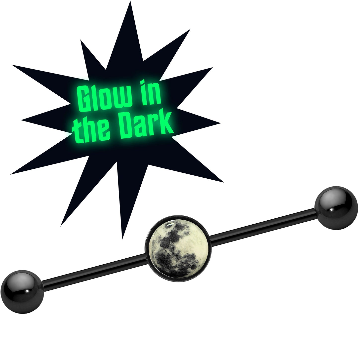 14G Black Glow in the Dark Full Moon Industrial Barbell 37mm